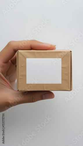 A hand holding box mockup with blank white sticker.