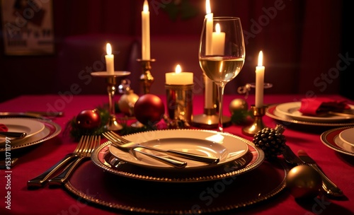 A meticulously orchestrated New Year's Eve feast unfolds its centerpiece a pristine charger plate cradled by gleaming gold cutlery and a stemmed wine glass bathed in the warm glow of candlelight and