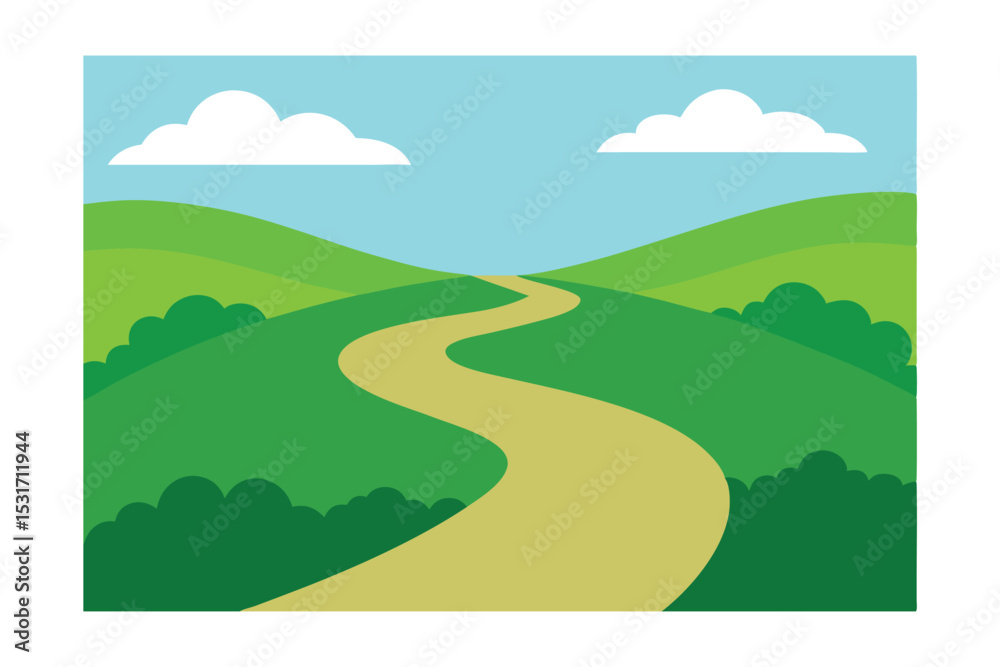 Fototapeta premium Winding Path Through Green Meadows Landscape Illustration