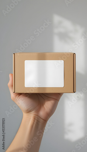 A hand holding box mockup with blank white sticker.