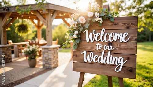 Welcome sign with flowers at wedding outdoor venue