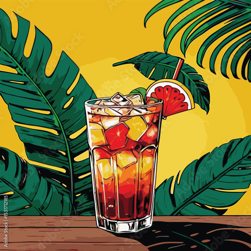 illustration of fresh drink with tropical leaf background