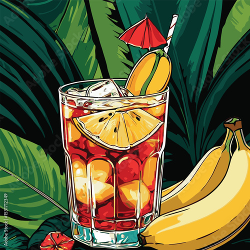 illustration of fresh drink with tropical leaf background
