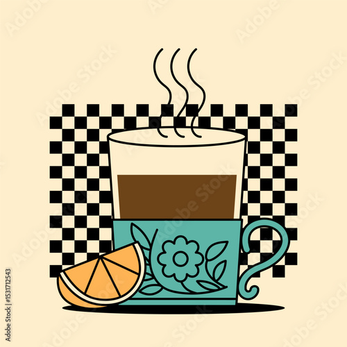 Colorful retro card with retro tea cup with lemon. Nostalgic postcard for coffee shops, morning themes or food illustration collections. Flat vector illustration in 1950s style