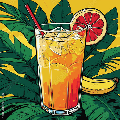 illustration of fresh drink with tropical leaf background