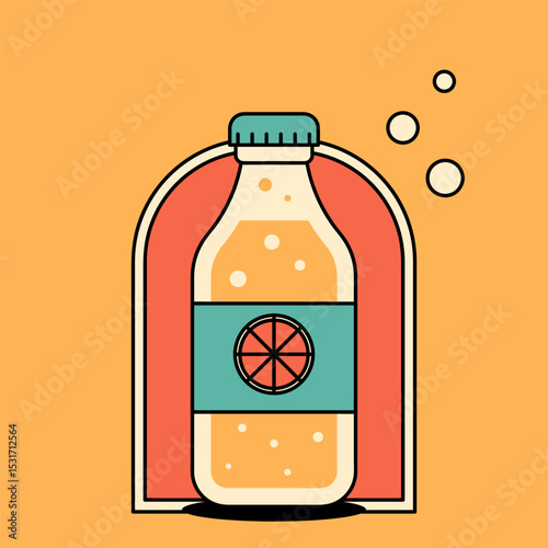 Colorful retro card with lemonade bottle in vintage colors. Nostalgic postcard for summer drink menu, healthy lifestyle themes or retro breakfast scenes. Flat vector illustration in 1950s style