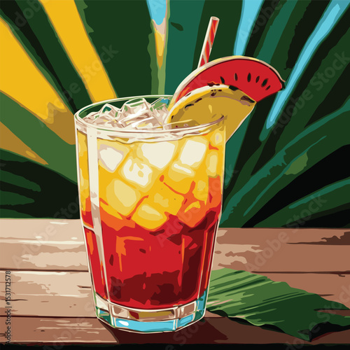 illustration of fresh drink with tropical leaf background