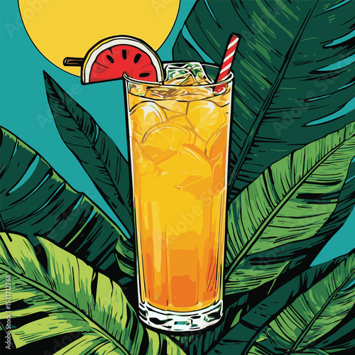illustration of fresh drink with tropical leaf background