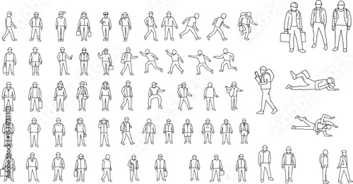 Vector Illustration of Office People, Business Characters Walking, Running, Sitting, Standing, Using Phone, Outline Drawing, Corporate Employees in Action, Minimal Line Art