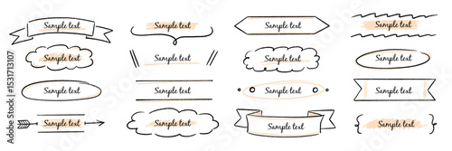 Text box hand drawn banner, frame set. Hand style brush stroke, rustic banner, cute tag, label, ornament and highlight. Graphic text shape, headline badge decoration elements. Vector illustration