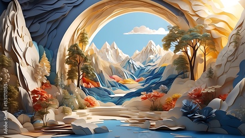Tranquil Papercut Mountain Scene Through Archway
