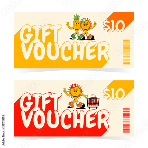 Gift voucher set in retro groovy style. Sale, promotion, discount, coupon, certificate. Vector illustration walking characters sun and watermelon