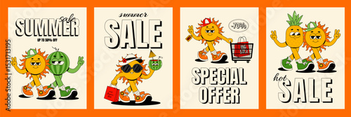 Summer sale poster set. Retro groovy walking characters sun, watermelon, pineapple. Flat vector illustration