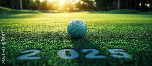 Golf ball on green, 2025 etched, sunset background; calendar