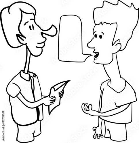Two cartoon characters or men are standing and having a dialogue.