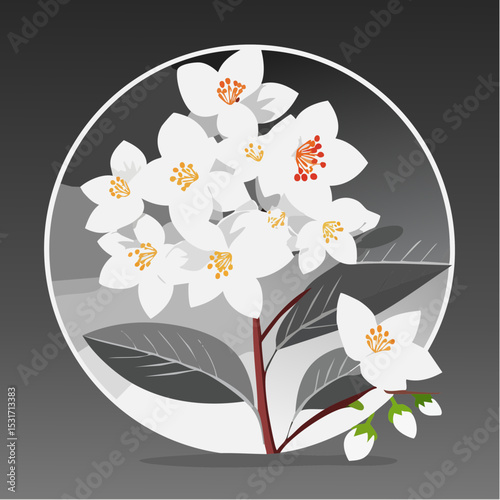 A beautiful vector illustration of jasmine flowers blooming inside a circle with a gradient background, a botanical art design.