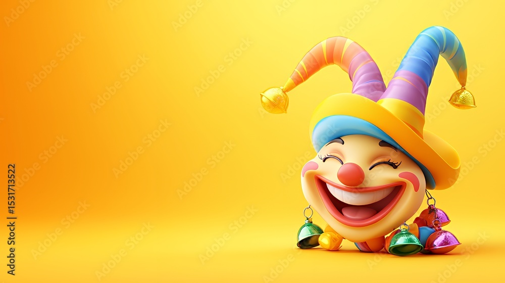 Obraz premium Colorful clown face with a joyful expression on a vibrant yellow background.
