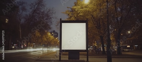 Blank billboard, city street at night, traffic blur, ad space