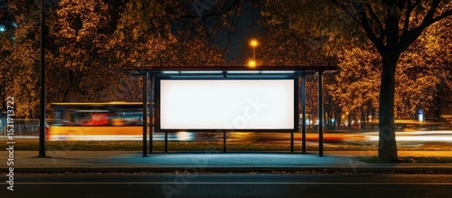 Blank billboard at night bus stop, city street