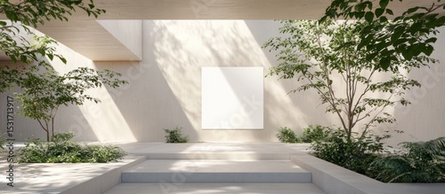 Sunlit patio mockup, blank canvas, minimalist garden, steps, advertising
