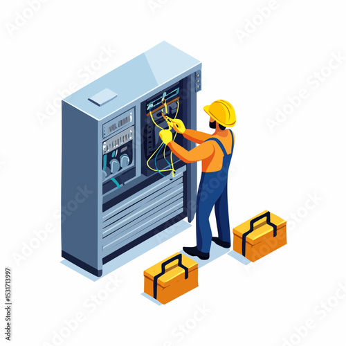An isometric illustration of an electrician working on electrical panel with two toolboxes, wearing safety helmet, overalls, and yellow gloves