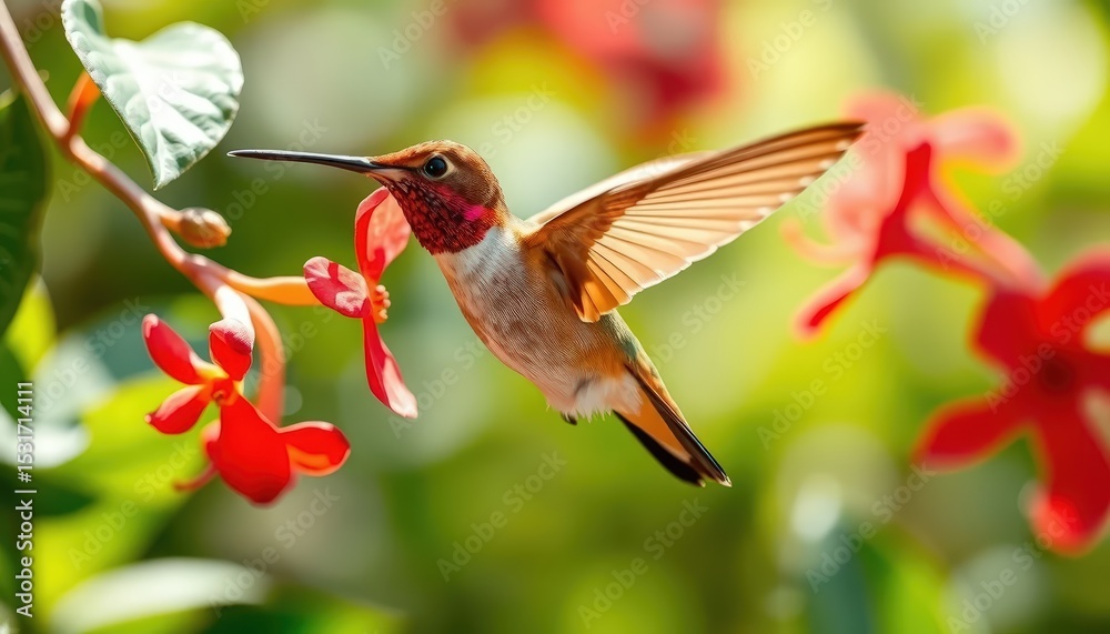 Fototapeta premium a male Rufous Hummingbird hovering near red Mandevilla flowers