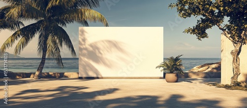 Tropical beach blank sign mockup, sunset view