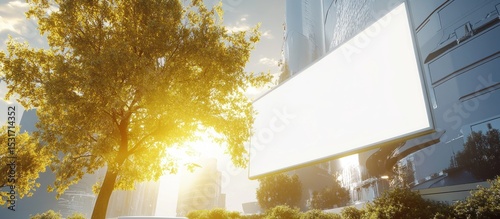 Blank billboard, city sunrise, tree, advertising