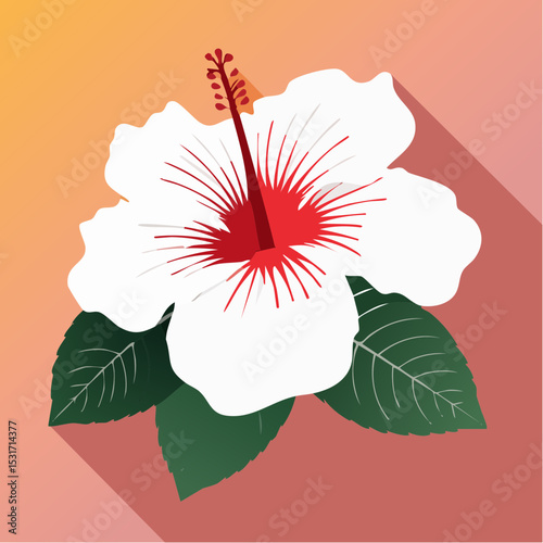 Flat design illustration of a vibrant white hibiscus flower with red center and long shadow effect, surrounded by green leaves, on a warm background.