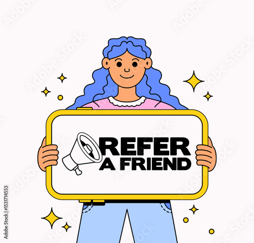 Girl holding a referral a phone with sign that says "Refer a Friend" with a megaphone icon cartoon illustration
