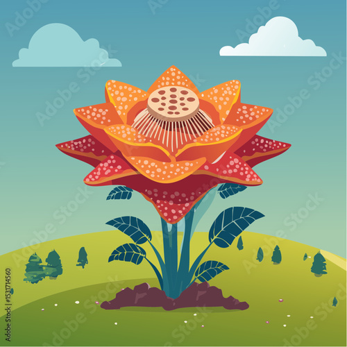 Vibrant stylized illustration of a giant flower with a detailed center and petals, set in a whimsical green landscape under a blue sky.