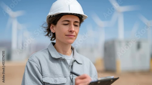 Female engineer conducting outdoor inspections of wind turbines, emphasizing dedication to renewable energy technology with clipboard in hand.