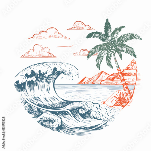 A detailed illustration showcasing a scenic tropical beach with a crashing wave, palm tree, and mountains under a cloudy sky in a vintage style