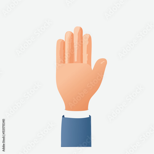 A flat illustration of a hand in a stop gesture, arm wearing blue shirt, white background, isolated, showing the palm, vector graphic.