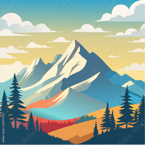 A vibrant and stylized illustration showcasing a majestic mountain range under a colorful sky with silhouetted evergreen trees in the foreground.