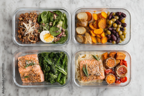 Healthy meal prep containers with salmon, vegetables, and grains for balanced nutrition