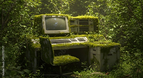 Surreal scene of an office setup lost in the wilderness, vintage monitor and keyboard overtaken by wild plants, blending digital life with nature in a peaceful.