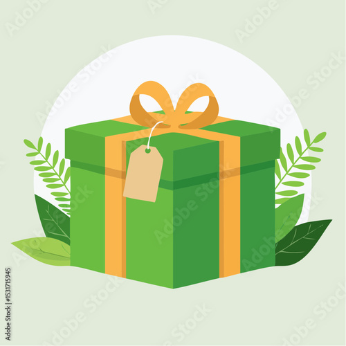 An illustrated gift box with a bow and a tag, surrounded by leaves, set against a soft green backdrop, presenting a visually appealing design.