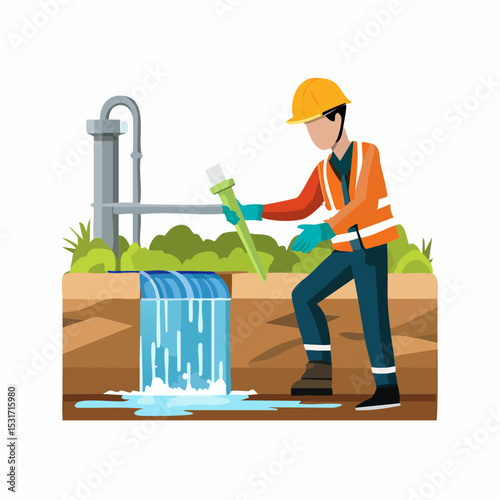 An illustrated image shows a worker in safety gear inspecting a water source with a tool near a small waterfall and greenery.