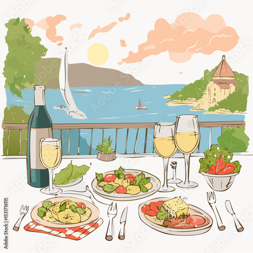 An inviting illustration of a seaside restaurant table setting with food, wine, and a beautiful coastal view with boats and a building.