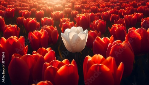 Tulip landscape with white flower among red blossoms in warm light showing beauty in difference and floral symbolism