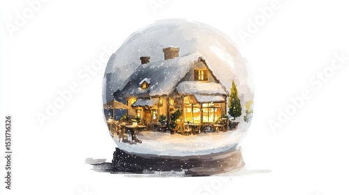 Cozy Winter Tea House Snow Globe A Watercolor Illustration