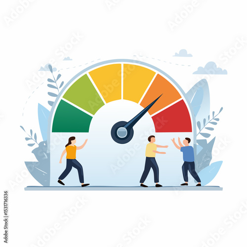 Illustration of a gauge with people interacting, showing levels of performance or satisfaction with a modern, flat design style.