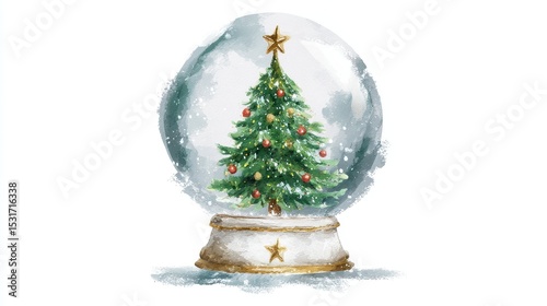 Watercolor Christmas Snow Globe with Decorated Tree
