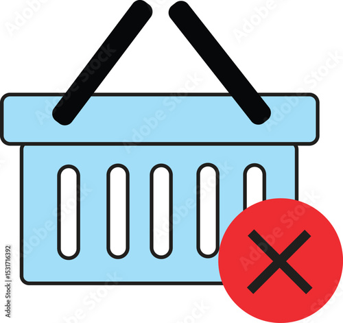 Flat Vector Illustration of Canceled Shopping Basket Icon with Red Cross Mark for E-Commerce, Retail Error, or Purchase Failed Notification