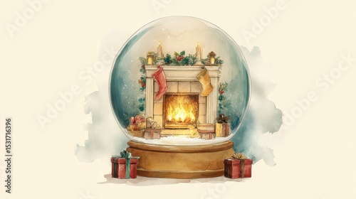 Cozy Christmas Fireplace Snow Globe Illustration