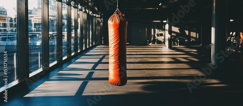 Red punching bag hangs in sunlit gym; city view