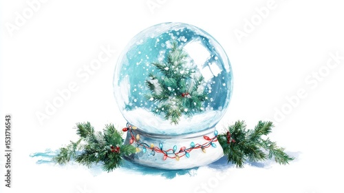 Sparkling Snow Globe with Festive Garland Watercolor Illustration