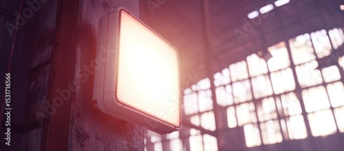 Illuminated sign on wall, old factory backdrop