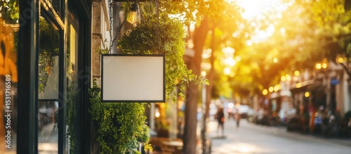 Blank storefront sign, sunny street, city backdrop, mockup